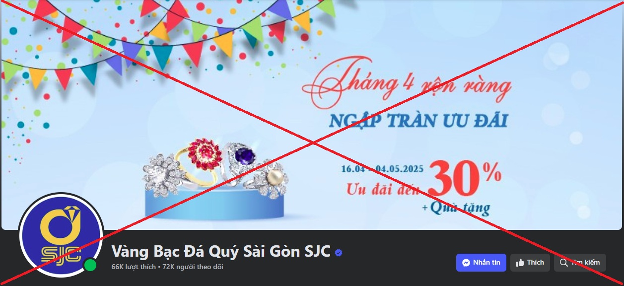 Trang fanpage https://www.facebook.com/vangbacsjc giả mạo thương hiệu SJC