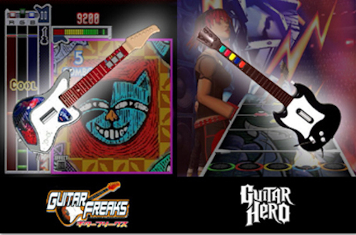 That's GuitarFreaks, a Japanese arcade game released by Konami in 1999. The gameplay was exactly the same as Guitar Hero: Players pressed plastic buttons and strummed a large plastic flipper on a guitar-shaped controller in time with the game's music. Every so often, the player could even raise the fake guitar in the air to gain extra style points. A small meter showed how well a player was keeping up with the song; too many missed notes and it turned from green to red to