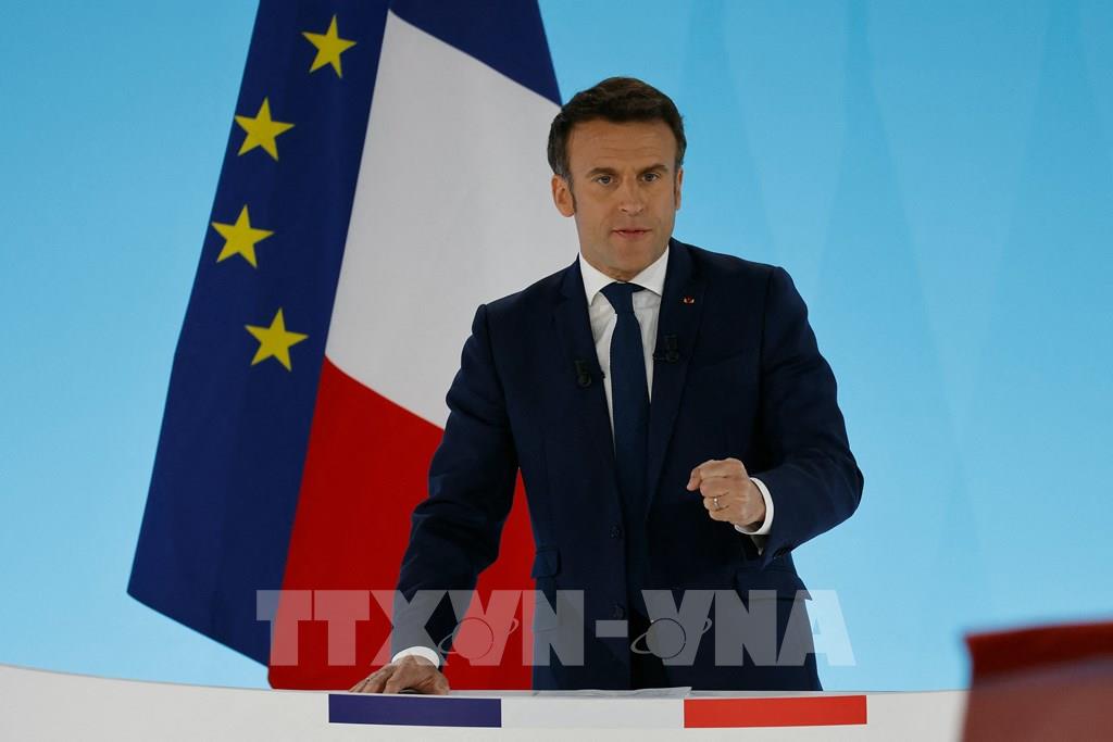 Tổng thống Pháp Emmanuel Macron phát biểu tại Paris ngày 10/4/2022. Ảnh: AFP/ TTXVN