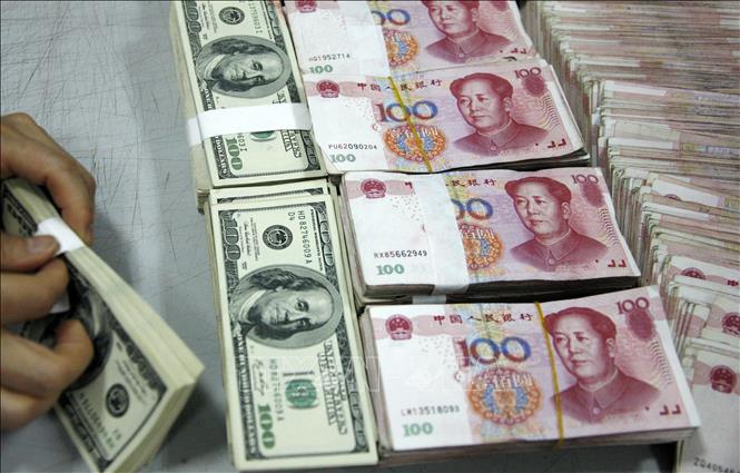 Nhân viên kiểm đồng USD và NDT tại một ngân hàng ở tỉnh An Huy, Trung Quốc. Ảnh: AFP/TTXVN