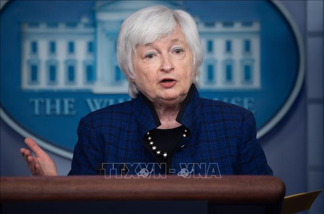 Bộ trưởng tài chính Mỹ Janet Yellen phát biểu trong một cuộc họp báo ở Washington, DC. Ảnh tư liệu: AFP/TTXVN