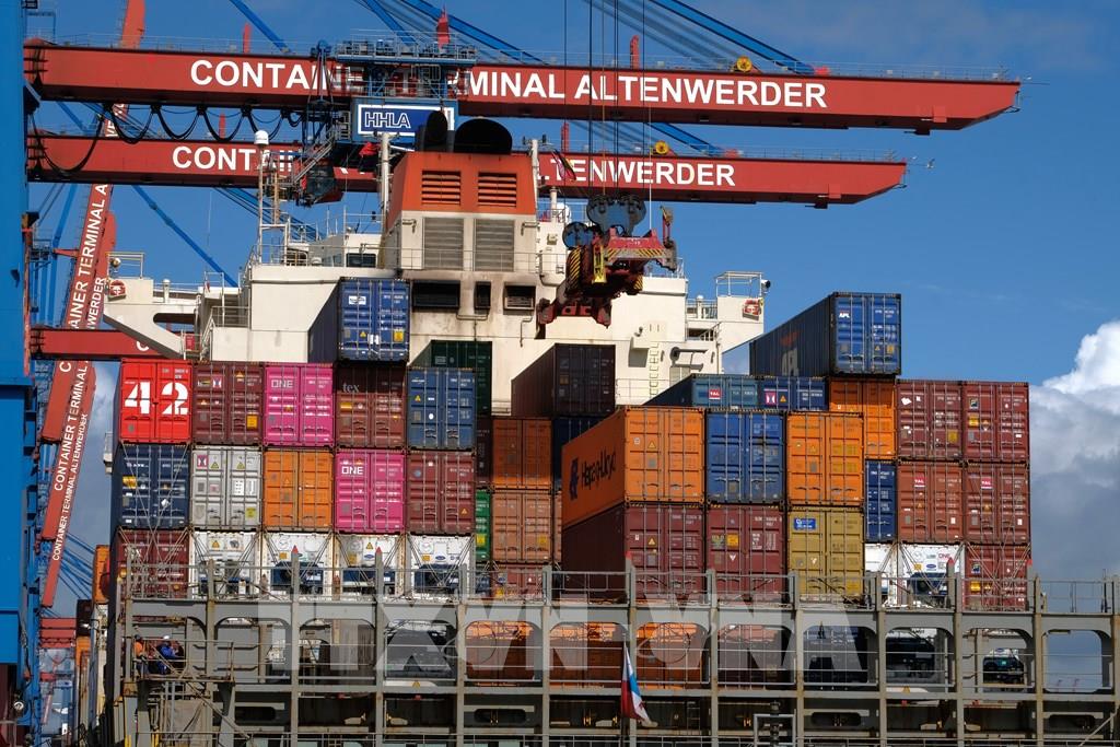 Bốc dỡ hàng hóa từ tàu contenơ tại cảng ở Hamburg, miền Bắc Đức. Ảnh tư liệu: AFP/TTXVN