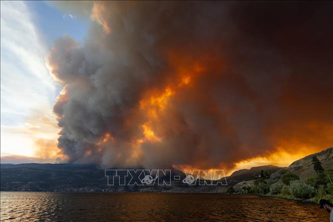 Khói bốc lên ngùn ngụt từ đám cháy rừng tại West Kelowna, British Columbia, Canada, ngày 17/8/2023. Ảnh: AFP/TTXVN