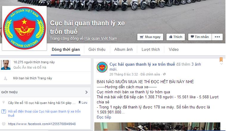  Một trang giả mạo cơ quan Hải quan để rao bán xe trên facebook. Ảnh chụp màn hình. 