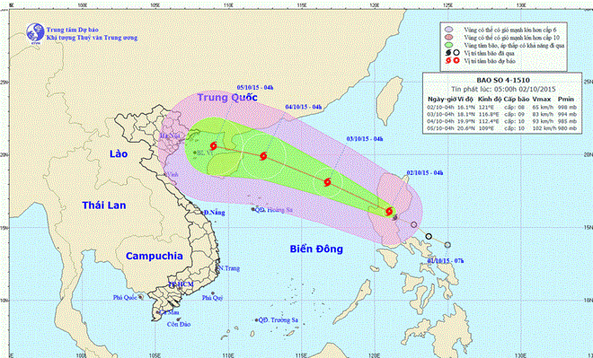 Dự báo đường đi và vị trí của cơn bão Mujigae. Nguồn: nchmf.gov.vn