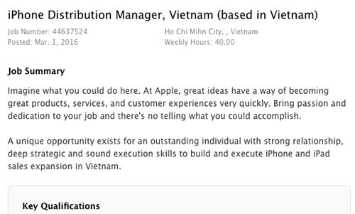 Thông tin tuyển dụng Giám đốc phân phối iPhone tại Việt Nam được Apple đăng trên website công ty