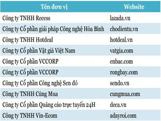 Top 10 website thương mại điện tử tham gia khảo sát dẫn đầu về doanh thu, theo Báo cáo Thương mại điện tử Việt Nam năm 2015.