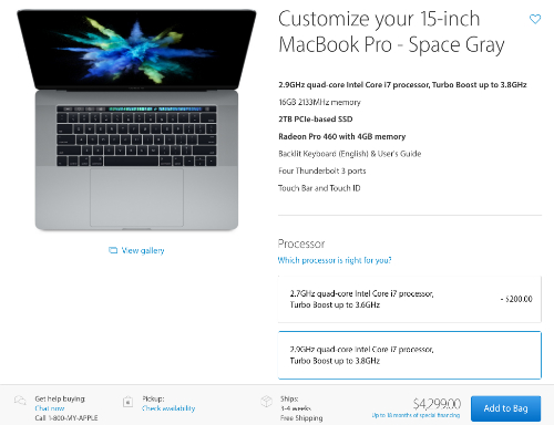  Giá bán cho tuỳ chọn cấu hình cao nhất của MacBook Pro 2016 15 inch lên tới 4.299 USD.