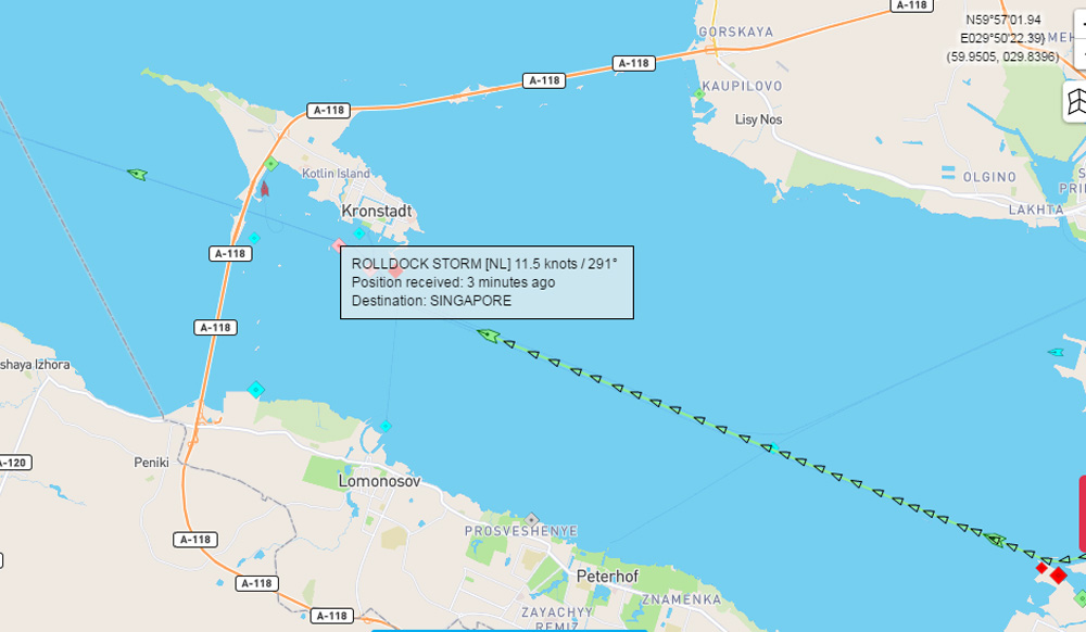   Tàu Rolldock Storm chở tàu ngầm Bà Rịa - Vũng Tàu khởi hành từ cảng St. Petersburg về Việt Nam, chiều ngày 9/12/2016 - Nguồn: MarineTraffic