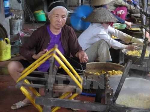 Người dân tại Làng nghề tơ tằm Vọng Nguyệt (Tam Giang, huyện Yên Phong, tỉnh Bắc Ninh)ngày ngày vẫn quay tơ, dệt lụa. Ảnh: TTXVN