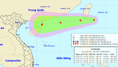  Vị trí và dự báo đường đi của áp thấp nhiệt đới lúc 9h ngày 10/9. Nguồn: NCHMF.