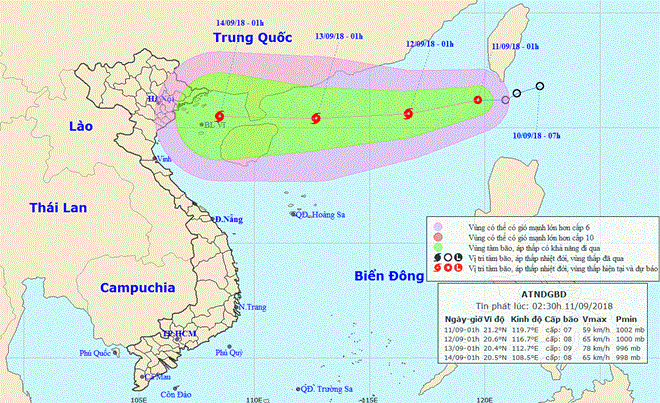Vị trí và dự báo đường đi của áp thấp nhiệt đới. (Nguồn: nchmf.gov.vn)