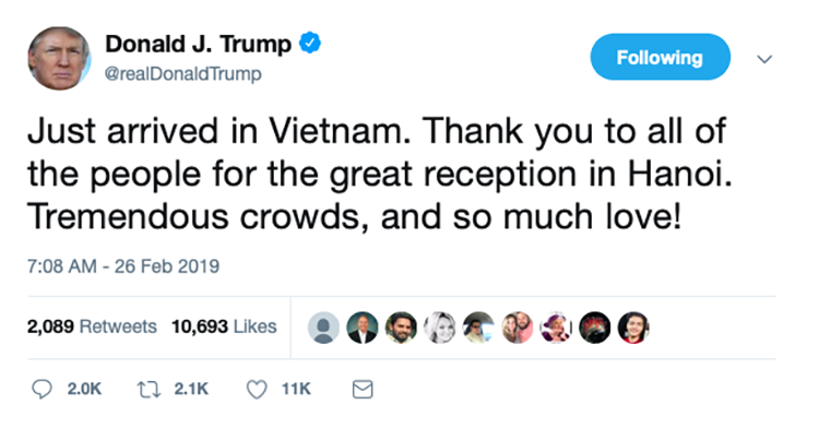  Tổng thống Trump cảm ơn người dân Hà Nội. Ảnh: Twitter