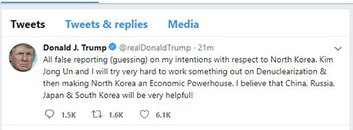 Dòng tweet trên tài khoản Twitter của Tổng thống Donald Trump