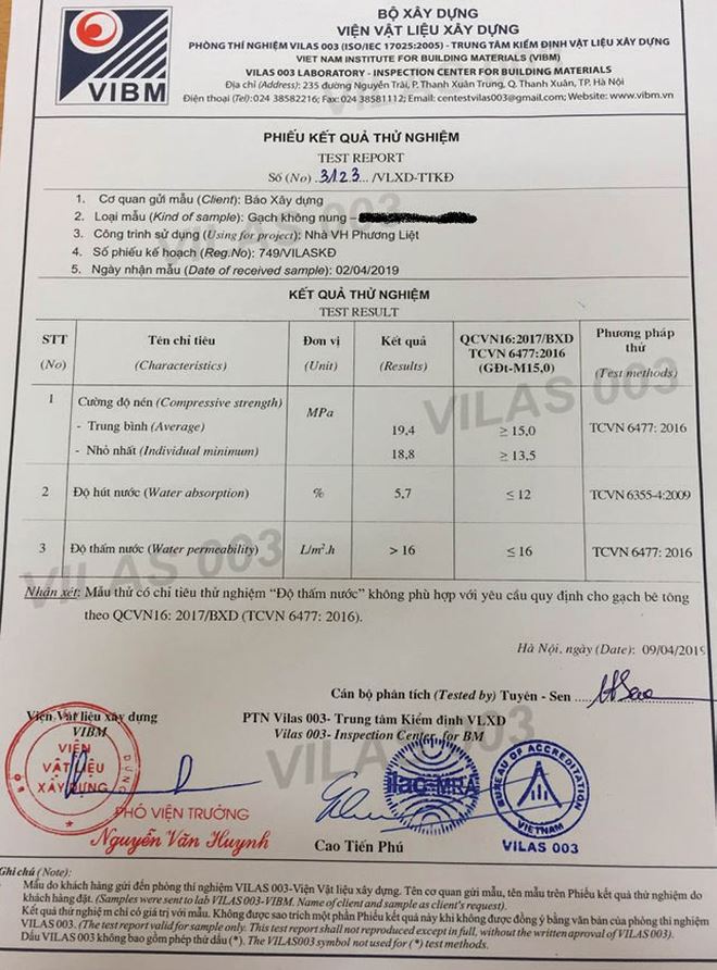 Một văn bản cho thấy gạch không nung sử dụng tại một số công trình đầu tư công ở quận Thanh Xuân, Hà Nội không đạt tiêu chuẩn về “Độ thấm nước” 