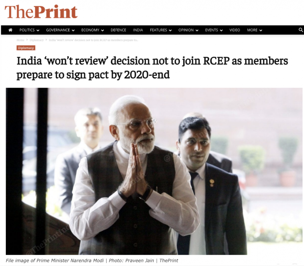 Theo các nguồn tin cấp cao, Ấn Độ đã quyết định sẽ không tham gia bất kỳ hiệp định thương mại nào có Trung Quốc là thành viên. Nguồn: The Print