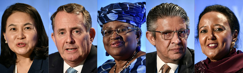  Chú thích ảnh Năm ứng cử viên Tổng giám đốc WTO được lựa chọn vào vòng hai (từ trái sang), bà Yoo Myung-hee (Hàn Quốc), ông Liam Fox (Anh), bà Ngozi Okonjo-Iweala (Nigeria), ông Mohammed al-Tuwaijri (Saudi Arabia) và bà Amina Mohamed (Kenya). Ảnh: AFP/TTXVN
