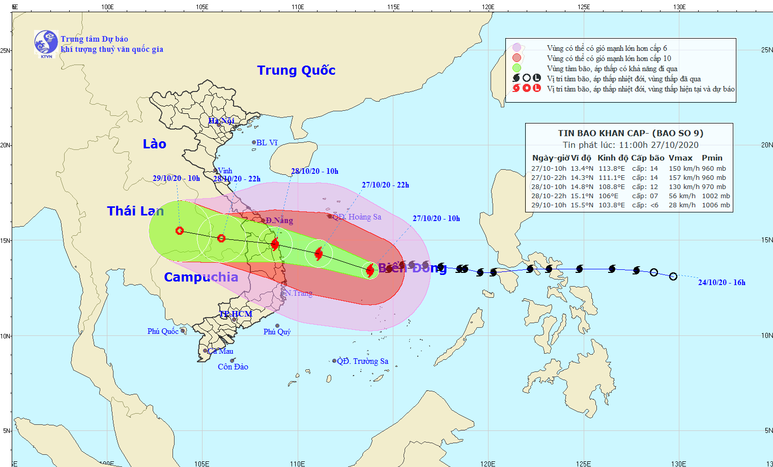 Dự báo đường đi của bão số 9 - bão Molave đến 10h ngày 29/10/2020