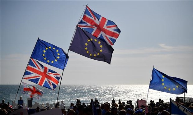 Cờ Liên minh châu Âu và quốc kỳ Anh trong cuộc tuần hành của các nhà hoạt động xã hội ở Brighton, miền Nam Anh. (Ảnh: AFP/TTXVN)