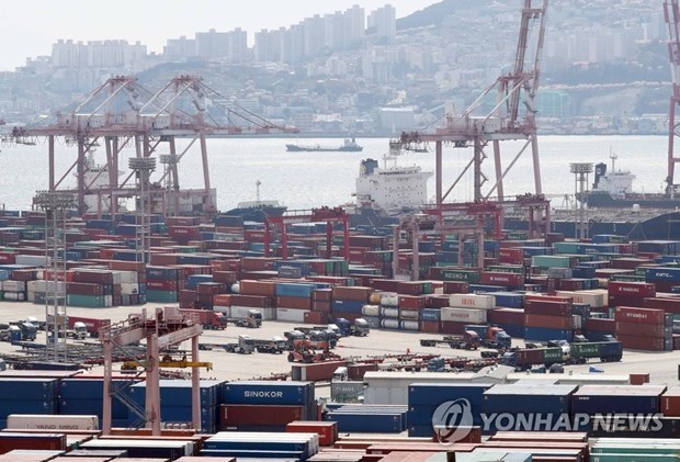 Các container xếp tại cảng Busan của Hàn Quốc. Ảnh: Yonhap News