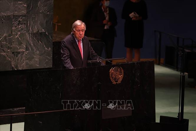 Tổng Thư ký LHQ Antonio Guterres phát biểu tại lễ khai mạc khóa họp thứ 76 Đại hội đồng Liên hợp quốc ở New York (Mỹ) ngày 14/9/2021. Ảnh: Getty Images/TTXVN