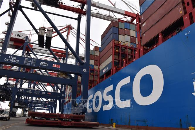 Tàu container của Trung Quốc neo tại cảng Long Beach ở California, Mỹ, ngày 20/8/2021. Ảnh: THX/TTXVN