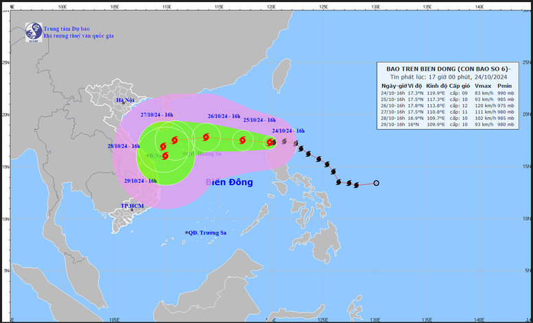 Hướng đi của bão TRAMI - Ảnh: Trung tâm Dự báo khí tượng thủy văn Quốc gia cập nhật lúc 17h ngày 24/10/2024.
