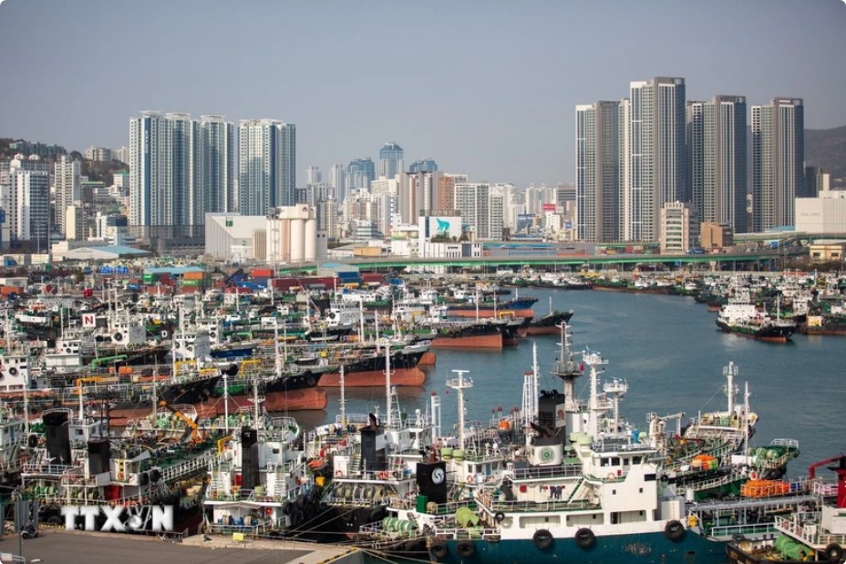 Quang cảnh cảng hàng hóa ở Busan (Hàn Quốc). (Ảnh: THX/TTXVN)