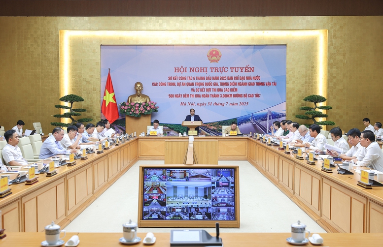Thủ tướng Phạm Minh Chính chủ trì Hội nghị trực tuyến sơ kết công tác 6 tháng đầu năm 2025 của Ban Chỉ đạo nhà nước các công trình, Dự án quan trọng quốc gia, trọng điểm ngành giao thông vận tải và sơ kết đợt thi đua cao điểm 