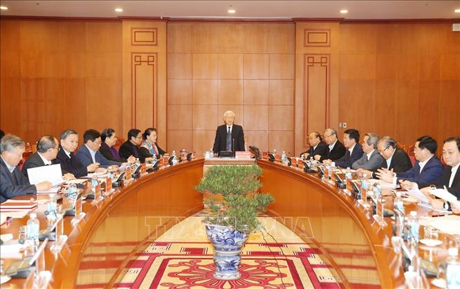 Một phiên họp của Tiểu ban Văn kiện Đại hội XIII dưới sự chủ trì của Tổng Bí thư, Chủ tịch nước Nguyễn Phú Trọng, Trưởng Tiểu ban Văn kiện. Ảnh: TTXVN