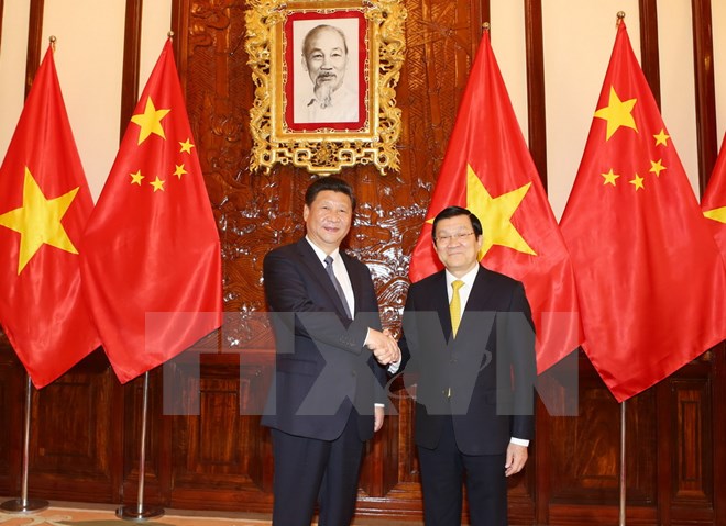 Chủ tịch nước Trương Tấn Sang hội đàm với Tổng Bí thư, Chủ tịch nước Trung Quốc Tập Cận Bình, sang thăm cấp Nhà nước Việt Nam. (Ảnh: Vietnam+)