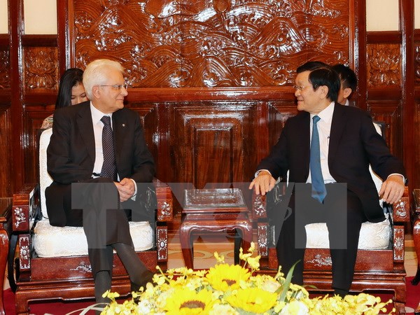 Chủ tịch nước Trương Tấn Sang gặp riêng Tổng thống Sergio Mattarella. (Ảnh: Vietnam+)