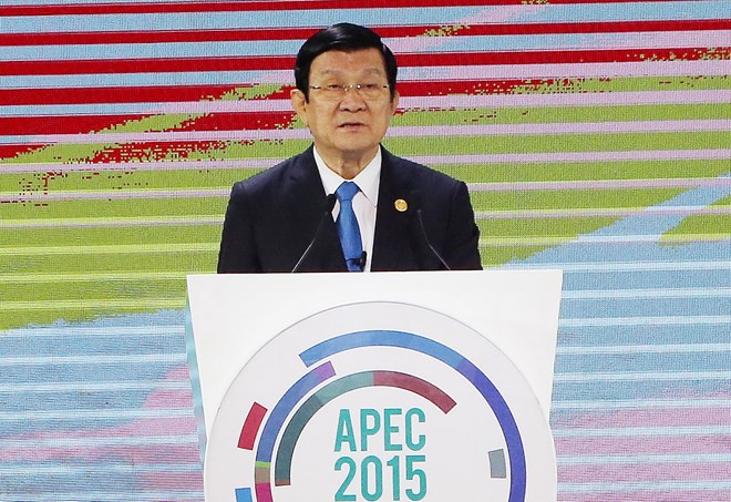 Chủ tịch nước Trương Tấn Sang phát biểu tại phiên họp thứ 6 của các nhà Lãnh đạo Doanh nghiệp APEC. (Ảnh: Vietnam+)