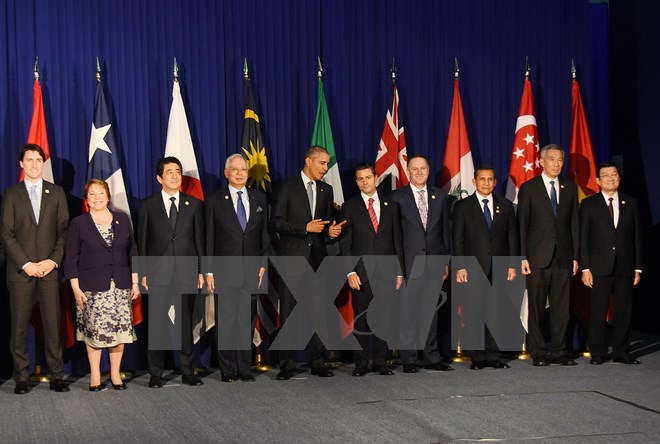 Chủ tịch nước Trương Tấn Sang chụp ảnh chung với Lãnh đạo các nước thành viên TPP sau cuộc họp. (Ảnh: Vietnam+)