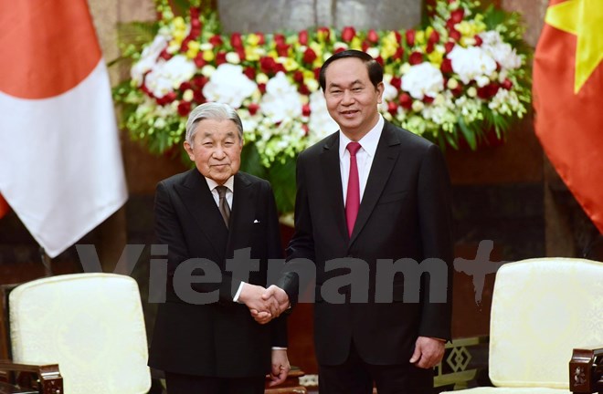 Chủ tịch nước Trần Đại Quang hội kiến Nhà vua Nhật Bản Akihito (Ảnh: Minh Sơn/Vietnam+)