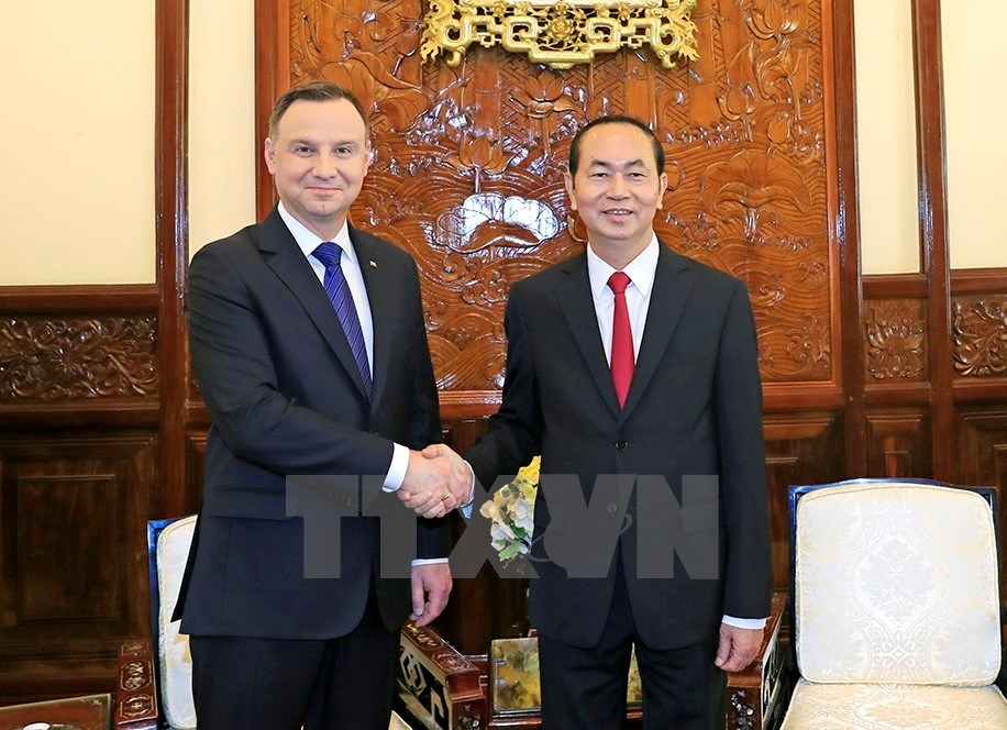 Chủ tịch nước Trần Đại Quang và Tổng thống Ba Lan chụp ảnh chung trước hội đàm