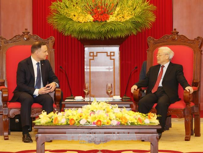 Tổng Bí thư Nguyễn Phú Trọng tiếp Tổng thống Cộng hòa Ba Lan Andrzej Duda (Ảnh: Vietnam+)