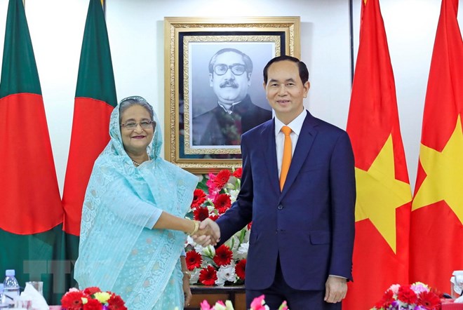 Chủ tịch nước Trần Đại Quang gặp và hội đàm với Thủ tướng Cộng hòa Nhân dân Bangladesh Sheikh Hasina (Ảnh: Nhan Sáng/TTXVN)