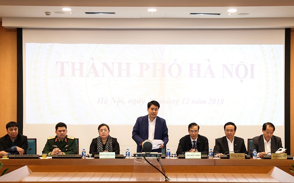 Ông Nguyễn Đức Chung phát biểu tại Hội nghị Chính phủ với các địa phương từ đầu cầu UBND TP. Hà Nội