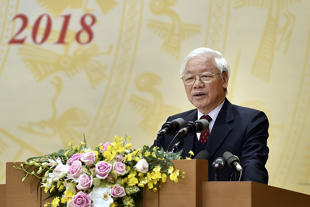 Tổng Bí thư, Chủ tịch nước Nguyễn Phú Trọng phát biểu tại Hội nghị Chính phủ với các địa phương sáng 28/12 (Ảnh: VGP)
