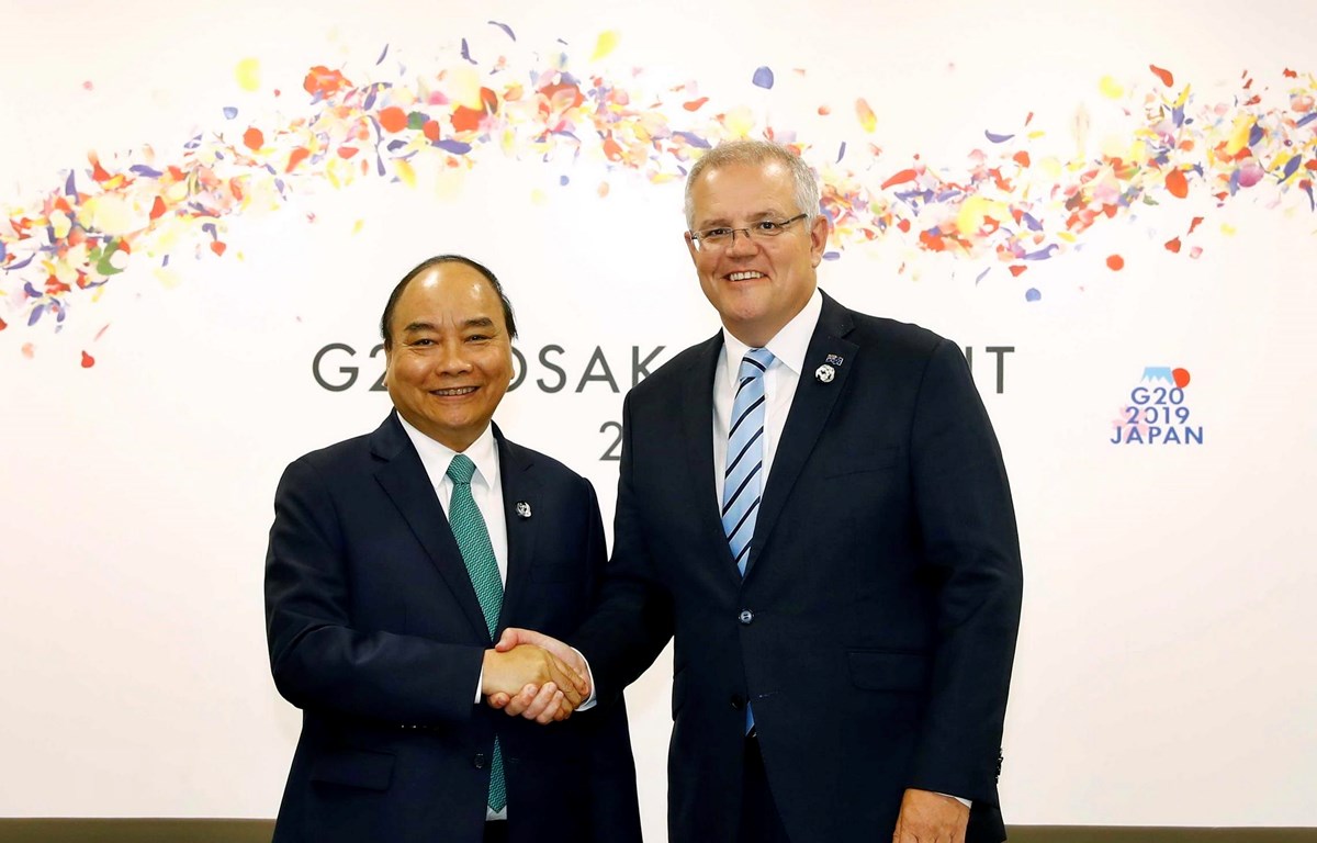 Thủ tướng Nguyễn Xuân Phúc gặp Thủ tướng Australia Scott Morrison nhân chuyến tham dự Hội nghị cấp cao G20 tại Nhật Bản vào tháng 6/2019 (Ảnh: TTXVN)