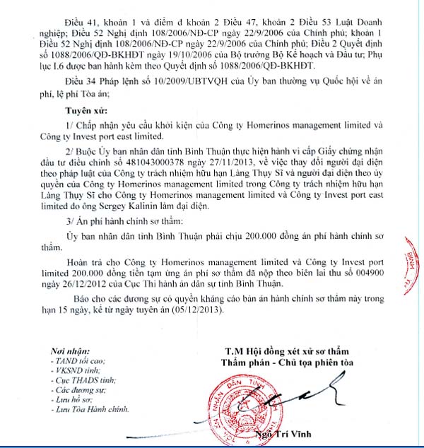 Bản án sơ thẩm của Tòa án Nhân dân tỉnh Bình Thuận