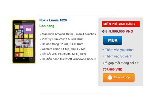 Nokia Lumia 1020 giảm sốc còn 9,999 triệu đồng