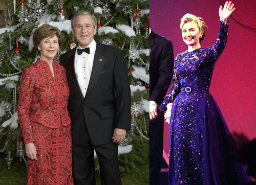Laura Bush - Oscar de la Renta - beaded red gown Hillary Clinton - Sarah Phillips - beaded violet gown