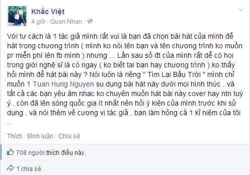 Khắc Việt “trách khéo” Trần Quang Đại X-Factor trên Facebook