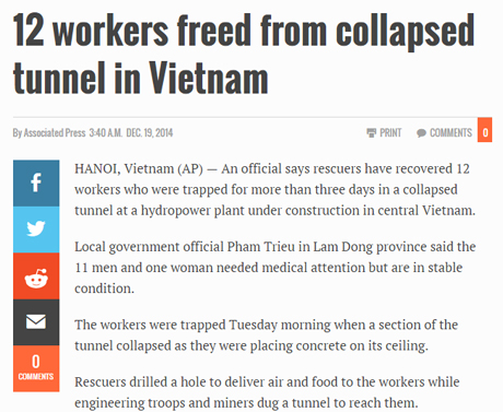 Bài viết của hãng tin Mỹ AP về giải cứu 12 công nhân vụ sập hầm
