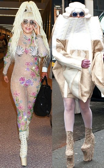 Nữ ca sĩ lập dị Lady Gaga không thể thiếu mặt trong danh sách này. Bộ jumpsuit bằng voan mỏng tang, chỉ được che những chỗ nhạy cảm bằng họa tiết về biển, kết hợp cùng mái tóc rễ tre và đôi boot cao gót khoảng 20cm khiến người hâm mộ phát hoảng. Hay khi cô chìm nghỉm trong một thiết kế hình khối 3D cùng bộ tóc giả kiểu luật sư lại khiến mọi người cảm thấy vô cùng khó hiểu. aption]