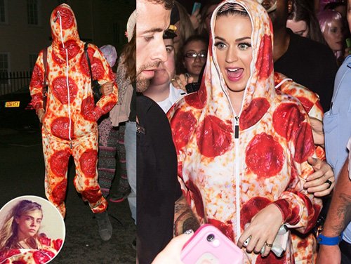 Cả Cara Delevinge và Katy Perry đều gây khó hiểu khi chọn một bộ jumpsuit in hình bánh pizza xấu xí.