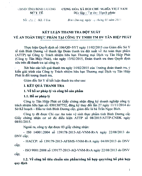 Kết luận thanh tra vệ sinh thực phẩm tại Tân Hiệp Phát